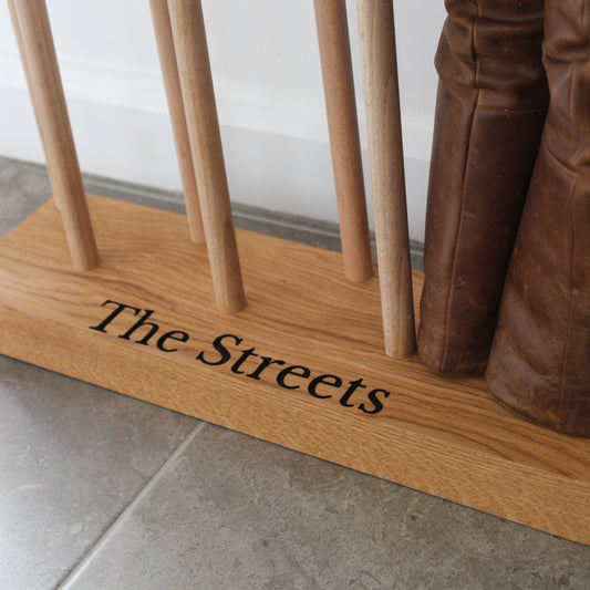 Wooden Engraved Boot and Welly Floor Rack | Family Shoe Holder