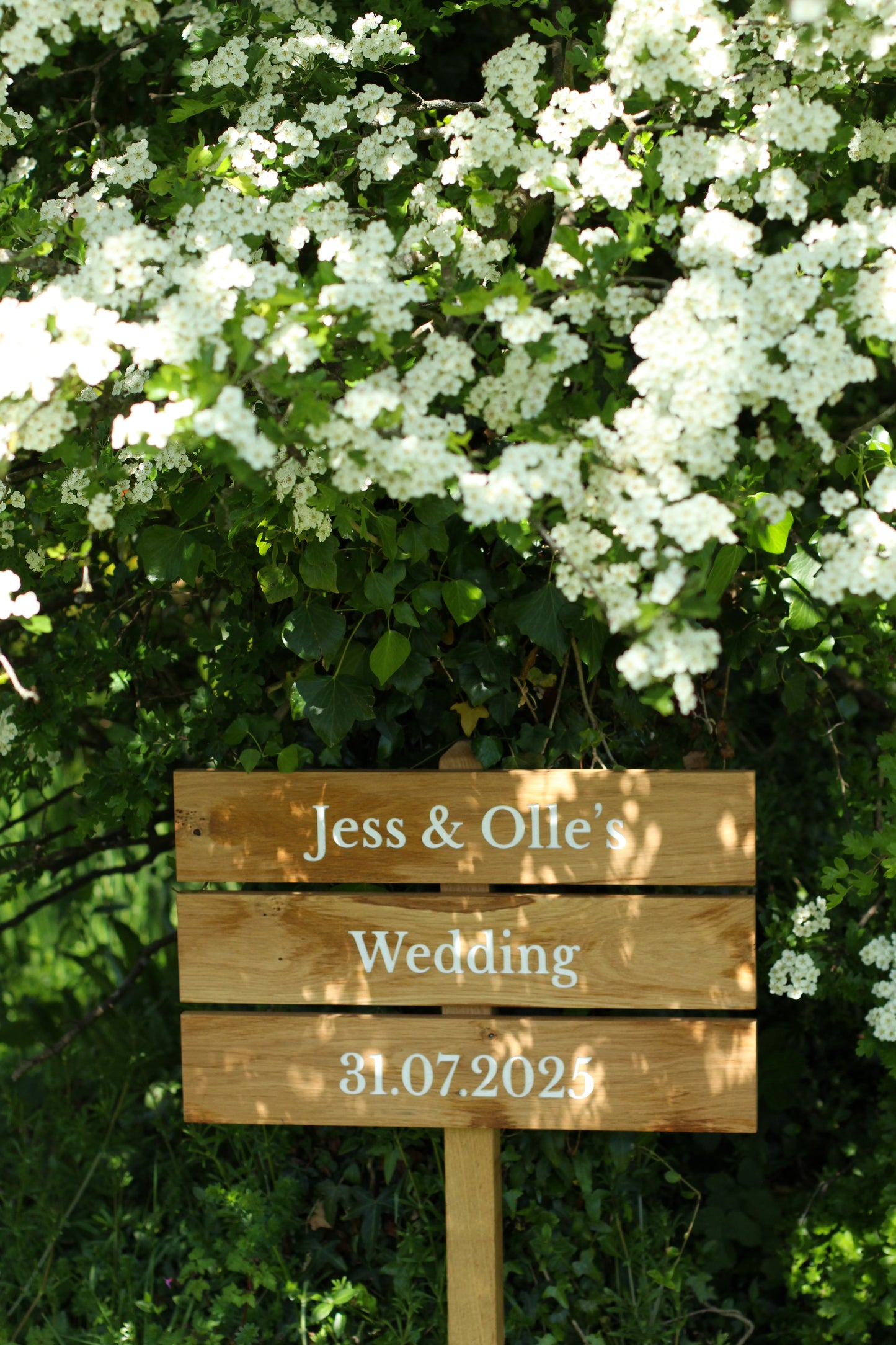 Wooden wedding sign in front of white flower bush