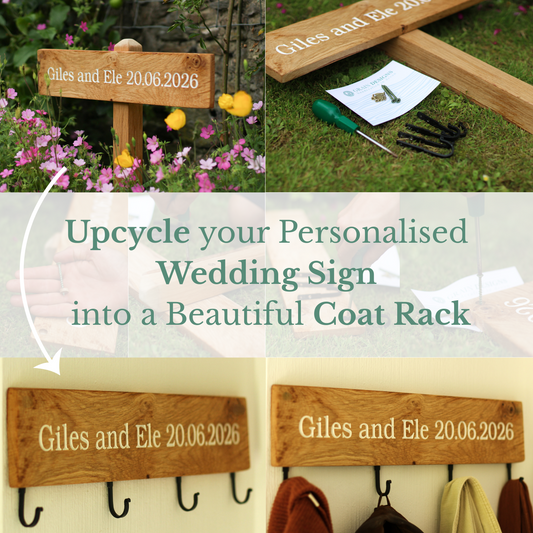 Collage of a wooden wedding sign being transformed into a coat rack with text 'Upcycle your Personalised Wedding Sign into a Beautiful Coat Rack'.
