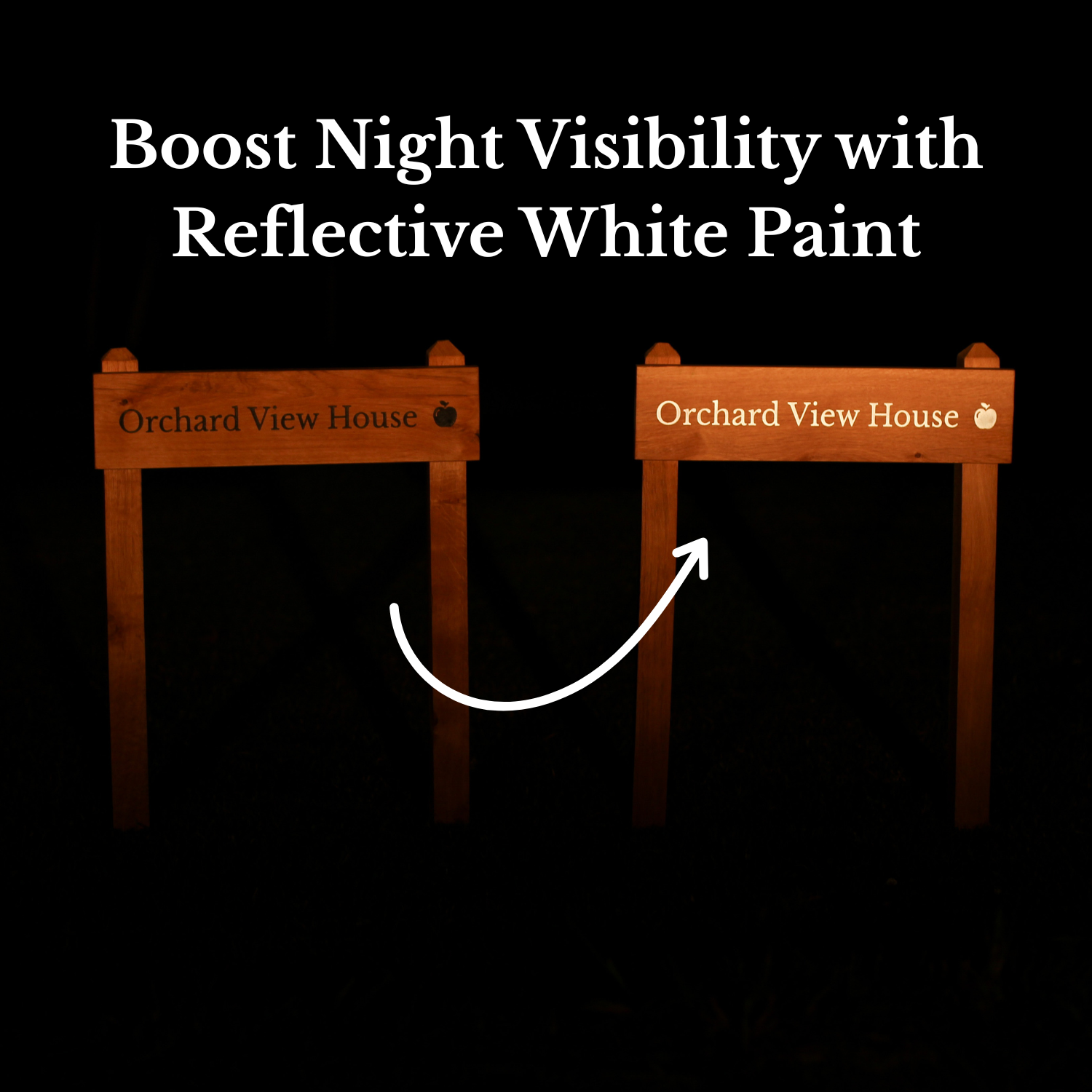 Two wooden signs with 'Orchard View House' text on a black background, emphasizing reflective white paint for night visibility.
