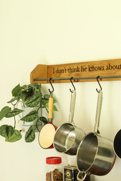 Custom Engraved Farmhouse Kitchen Pan Hanger – Handmade from Dartmoor Oak