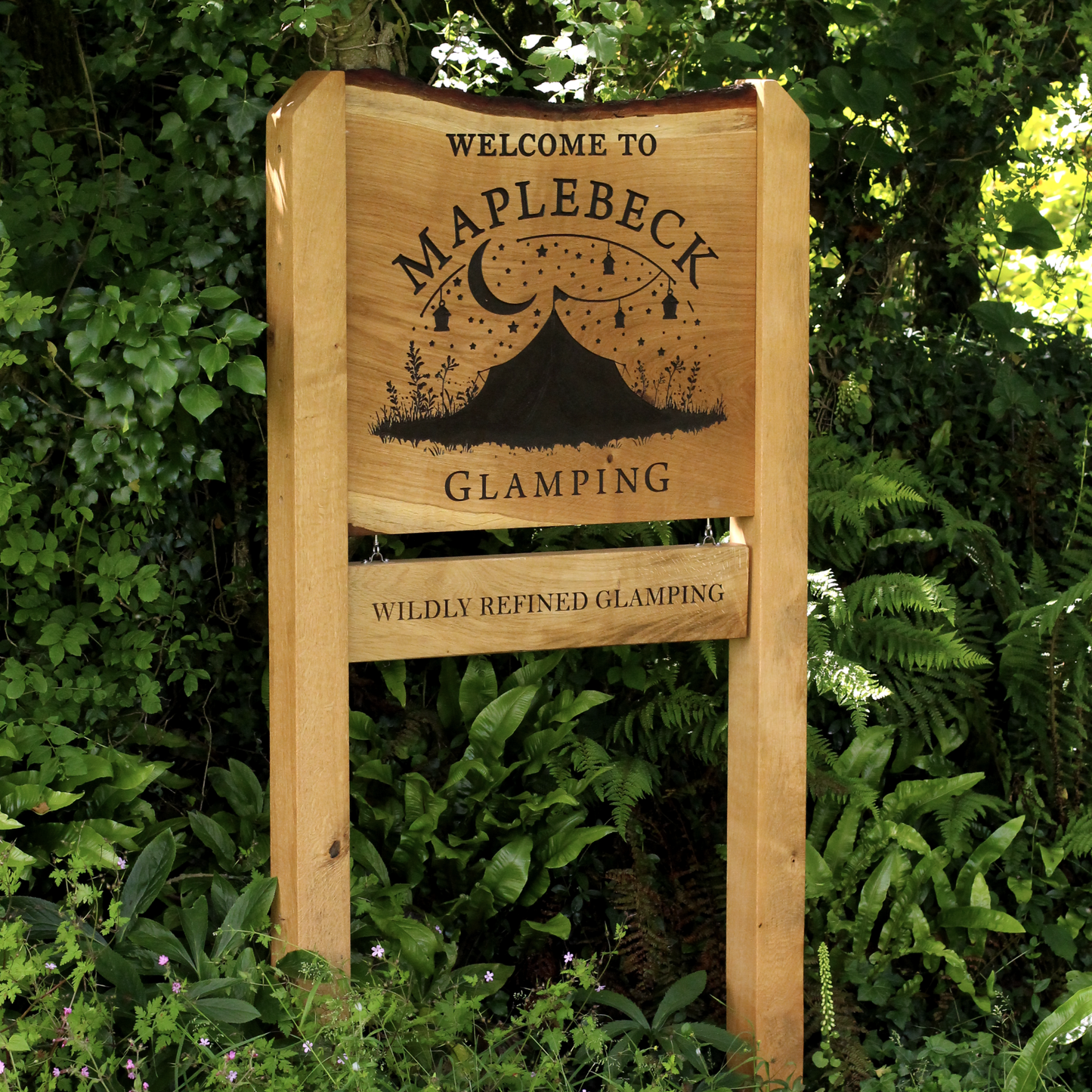 Bespoke Engraved Live Edge Wide Plank Freestanding Oak Sign with Hanging Plaque