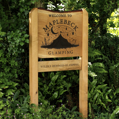 Bespoke Engraved Live Edge Wide Plank Freestanding Oak Sign with Hanging Plaque