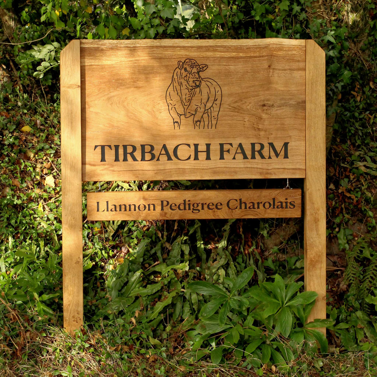 Bespoke Engraved Live Edge Wide Plank Freestanding Oak Sign with Hanging Plaque