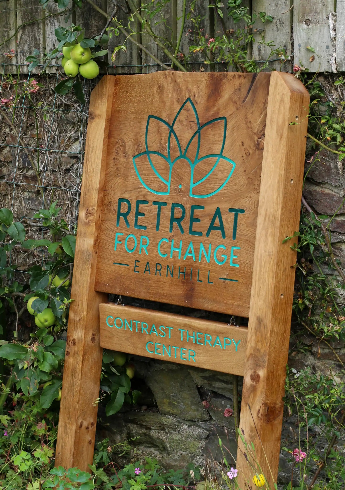 Bespoke Engraved Live Edge Wide Plank Freestanding Oak Sign with Hanging Plaque