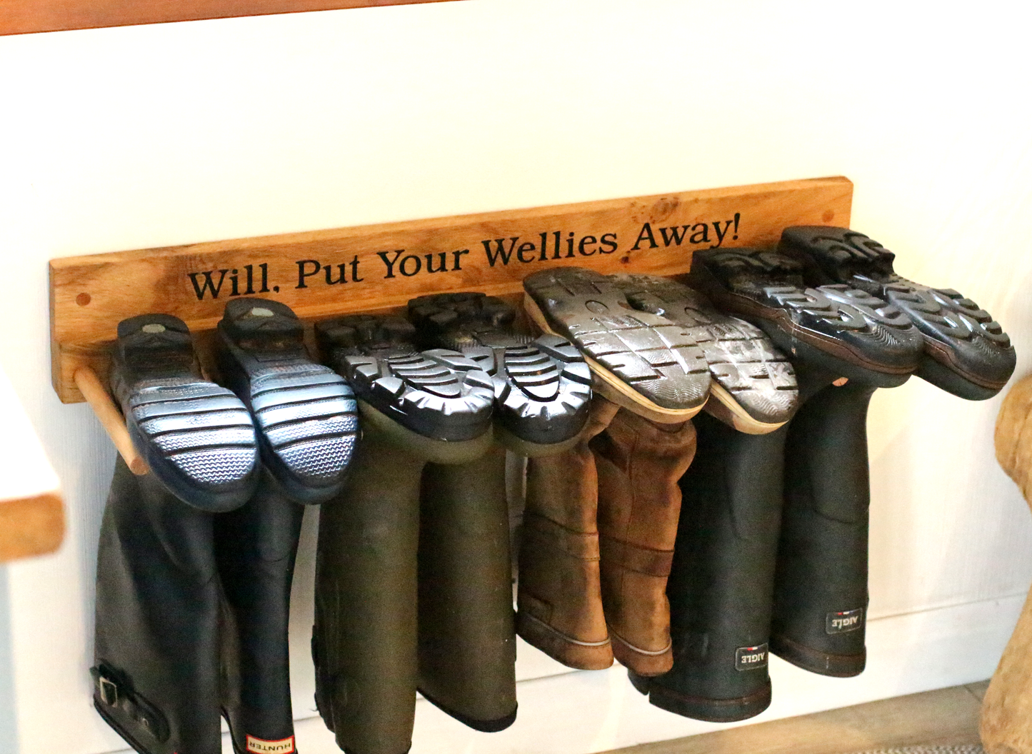 Wall - Mounted Wooden Engraved Boot and Welly Rack