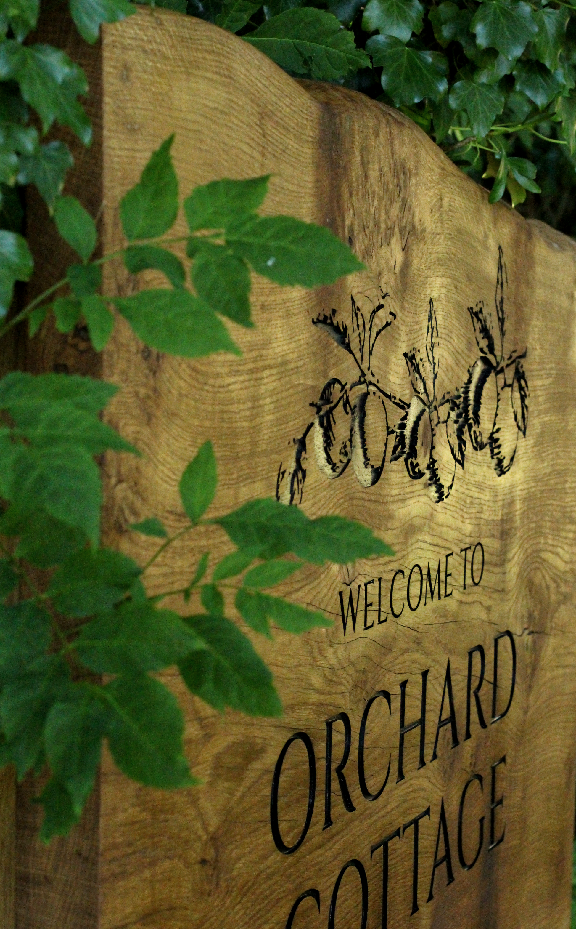 Wooden sign with 'Welcome to Orchard Cottage' text, surrounded by green foliage.