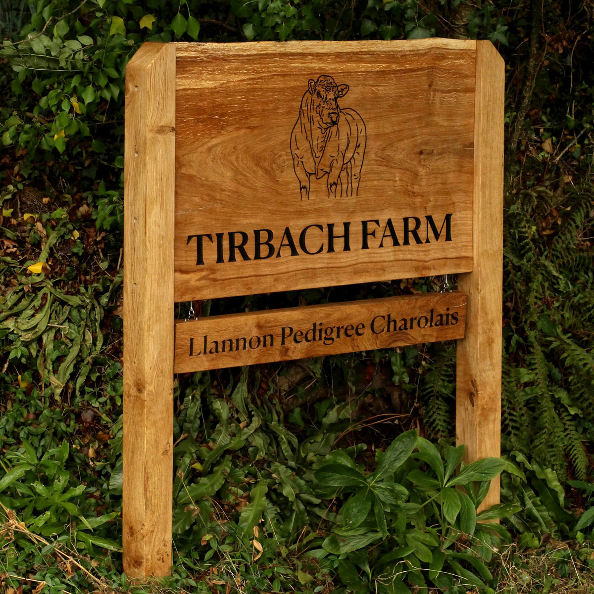 Bespoke Engraved Live Edge Wide Plank Freestanding Oak Sign with Hanging Plaque