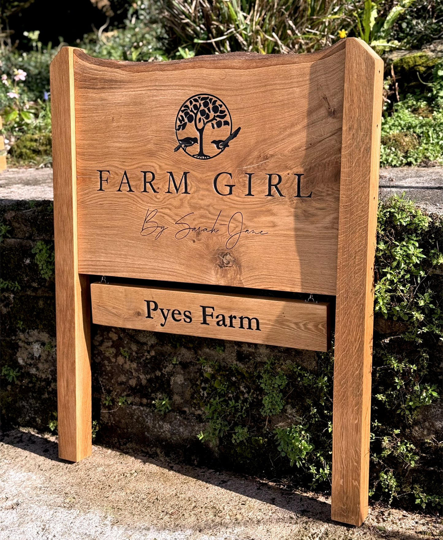 Bespoke Engraved Live Edge Wide Plank Freestanding Oak Sign with Hanging Plaque