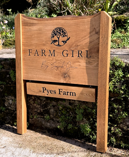 Bespoke Engraved Live Edge Wide Plank Freestanding Oak Sign with Hanging Plaque
