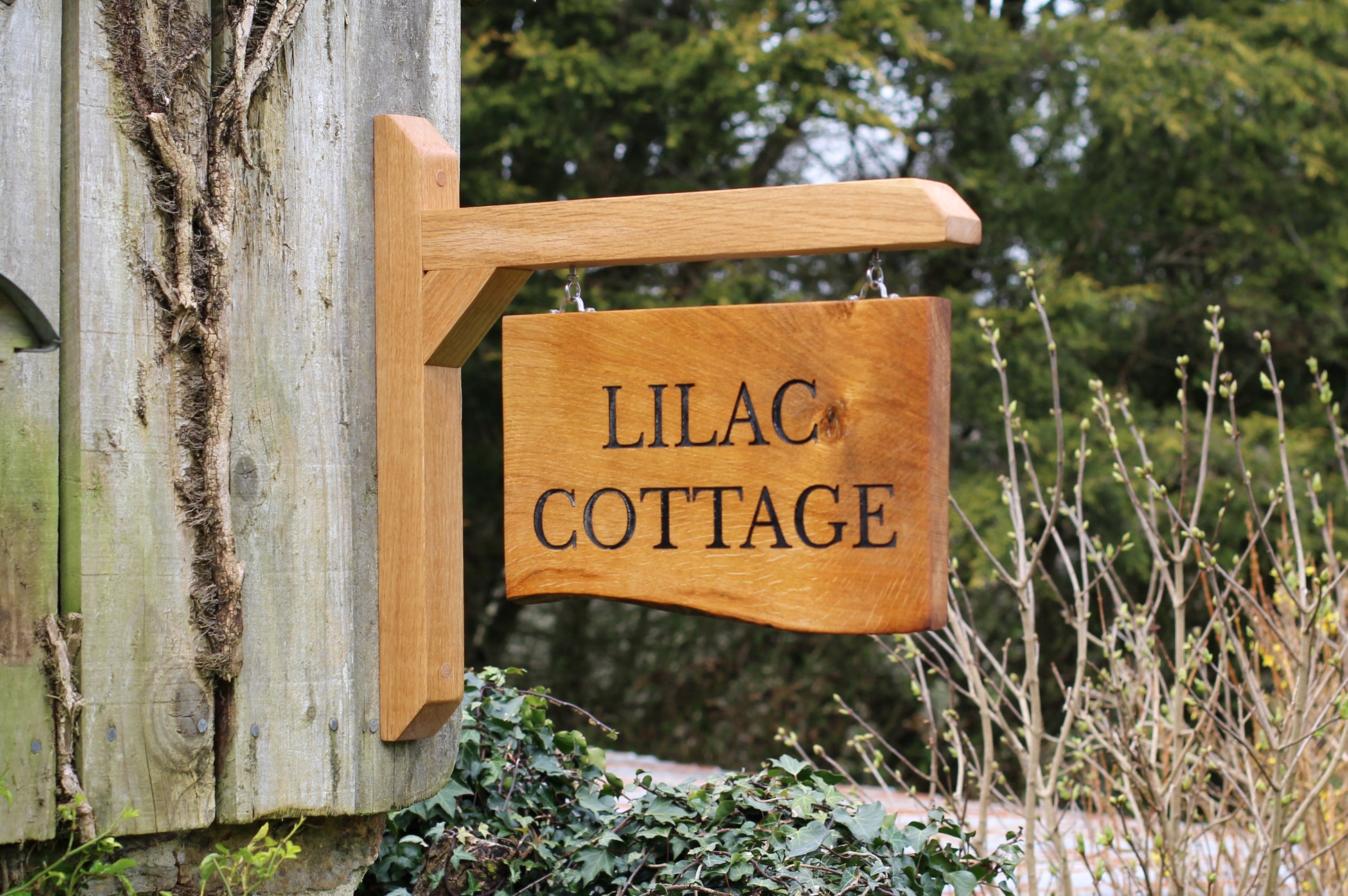 wooden live edge hanging oak sign