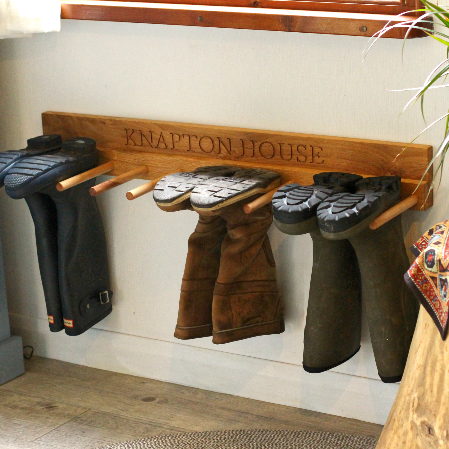 Wall - Mounted Wooden Engraved Boot and Welly Rack