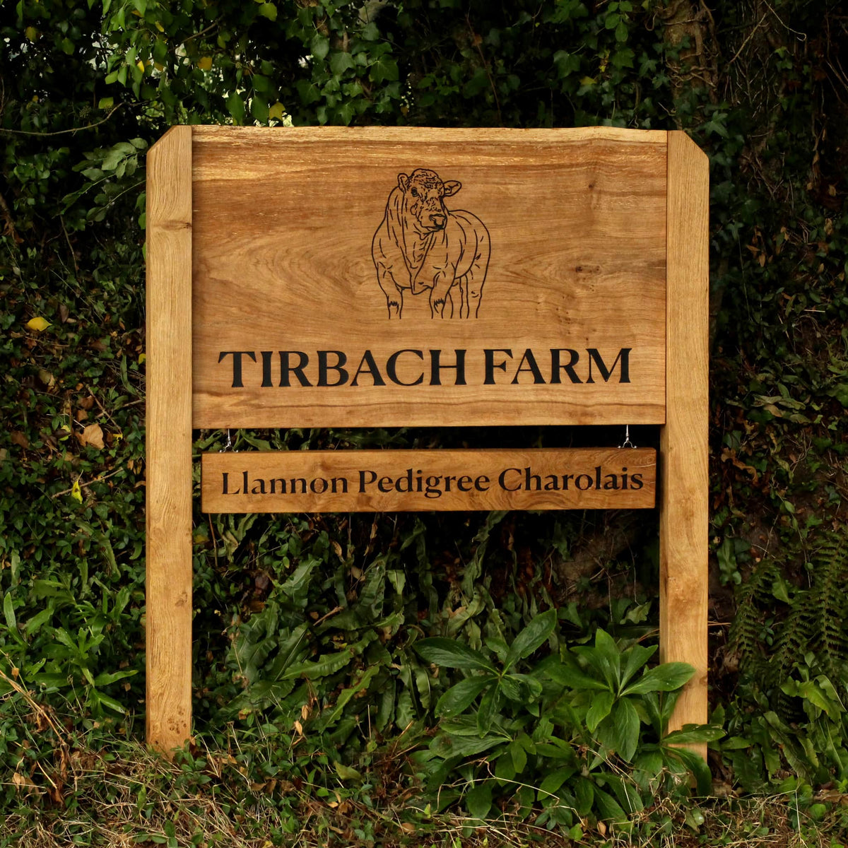 Bespoke Engraved Live Edge Wide Plank Freestanding Oak Sign with Hanging Plaque