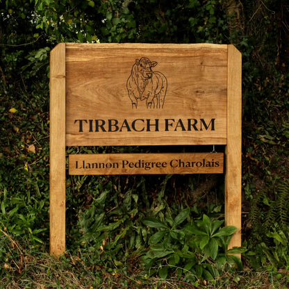 Bespoke Engraved Live Edge Wide Plank Freestanding Oak Sign with Hanging Plaque