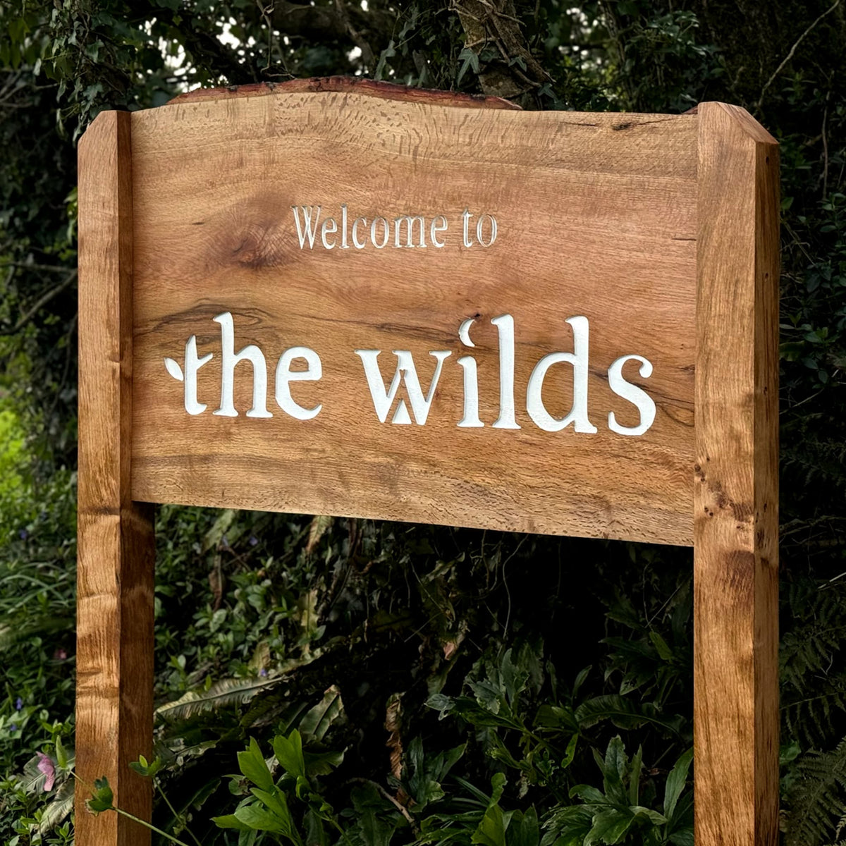 A rustic wooden sign with the words 'Welcome to the wilds' in white lettering, set against a lush green outdoor background of foliage.