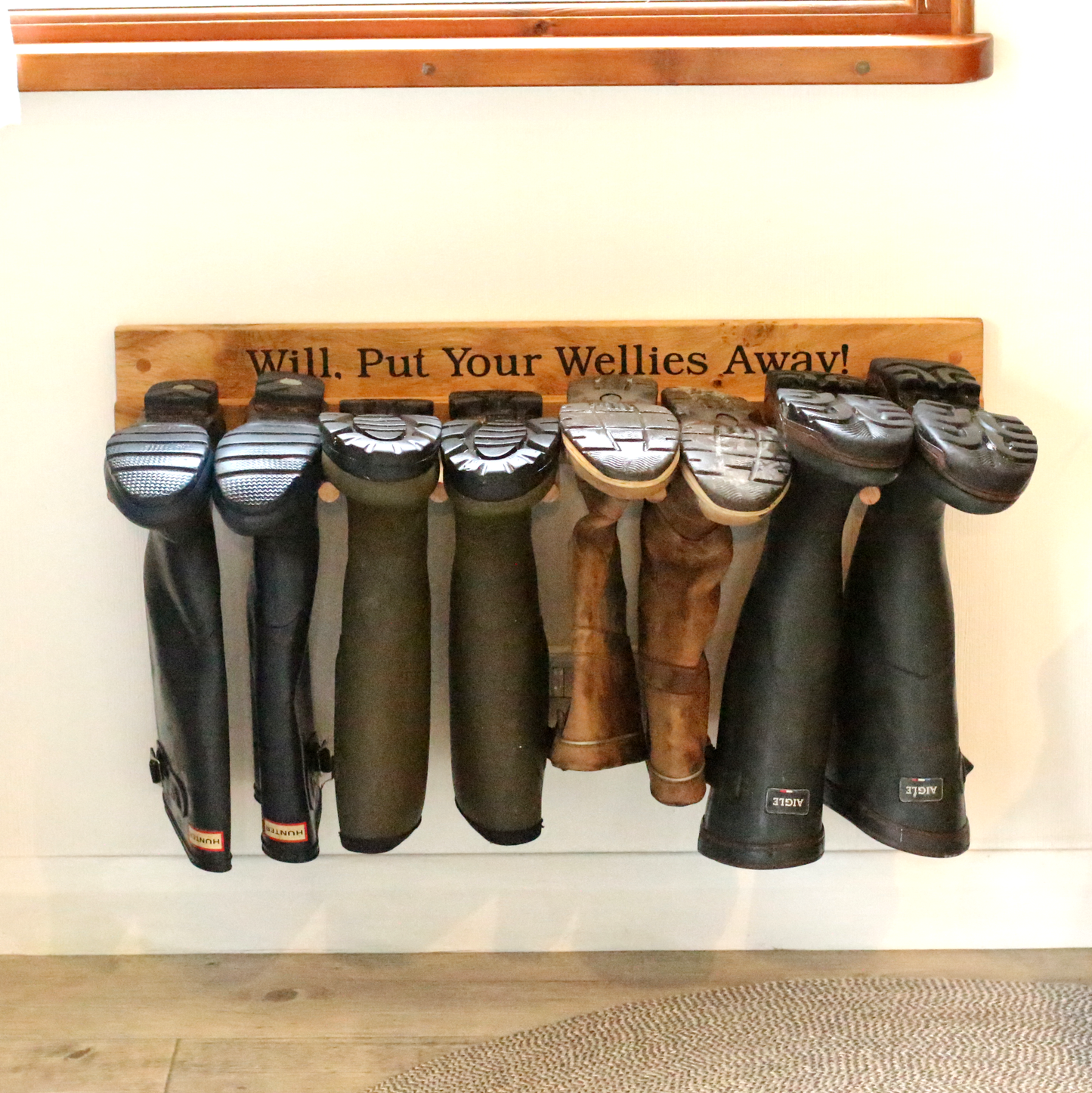 Wall - Mounted Wooden Engraved Boot and Welly Rack
