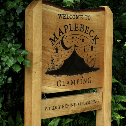 Bespoke Engraved Live Edge Wide Plank Freestanding Oak Sign with Hanging Plaque