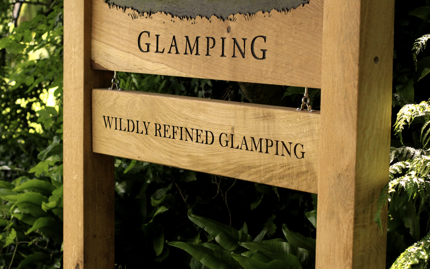 Bespoke Engraved Live Edge Wide Plank Freestanding Oak Sign with Hanging Plaque