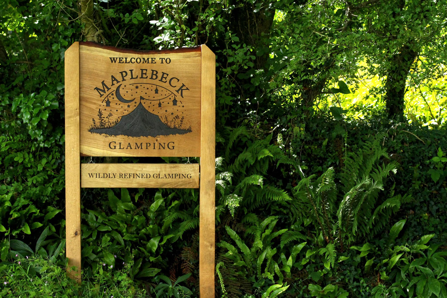 Bespoke Engraved Live Edge Wide Plank Freestanding Oak Sign with Hanging Plaque