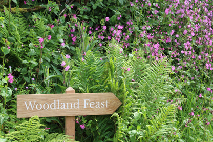 Wooden wedding sign in front of white flower bush