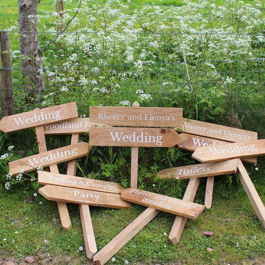 Wooden signs with text in a field of white flowers