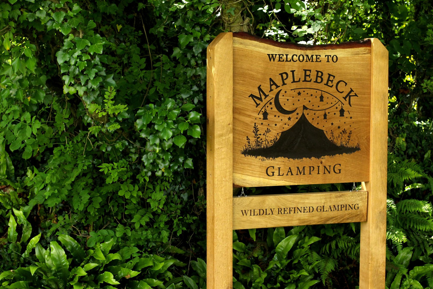 Bespoke Engraved Live Edge Wide Plank Freestanding Oak Sign with Hanging Plaque