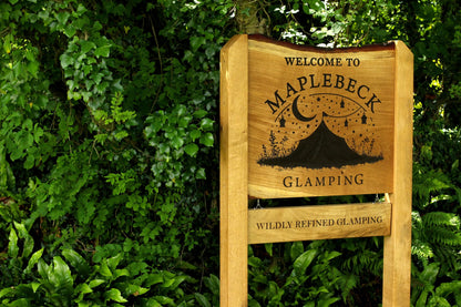 Bespoke Engraved Live Edge Wide Plank Freestanding Oak Sign with Hanging Plaque
