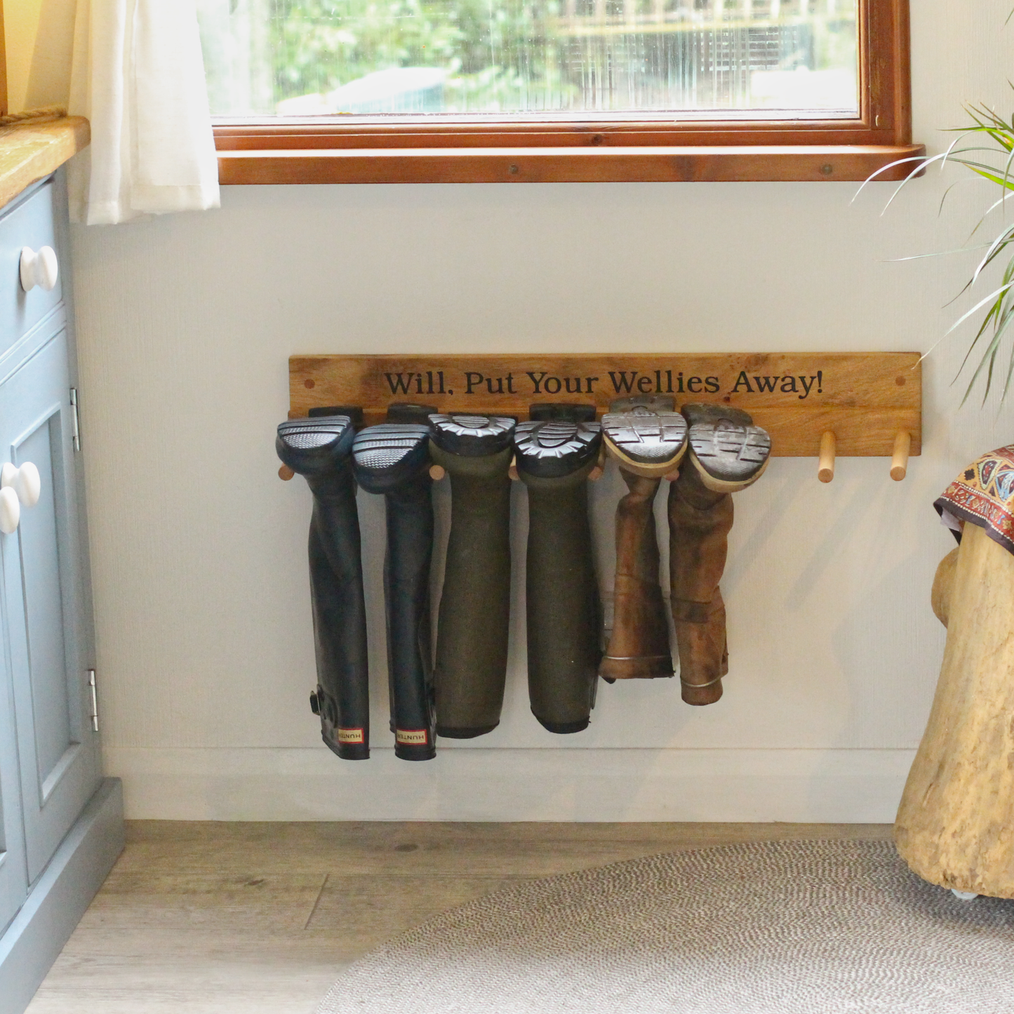 Wall - Mounted Wooden Engraved Boot and Welly Rack
