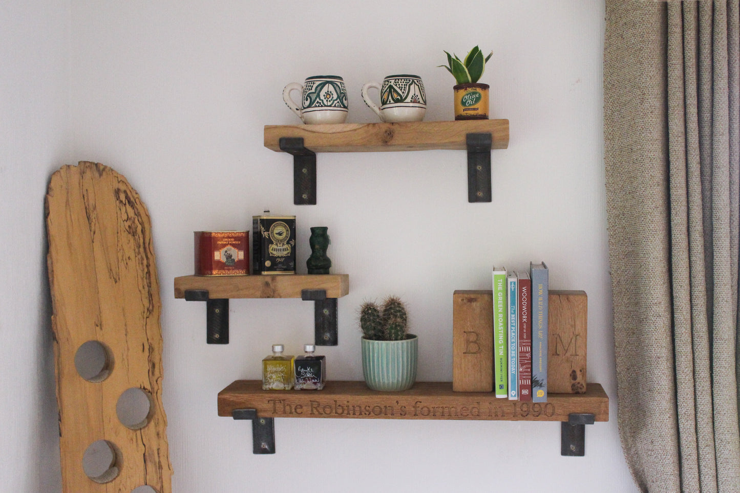 Handmade Solid Oak Shelf with Rustic Bent Iron Brackets