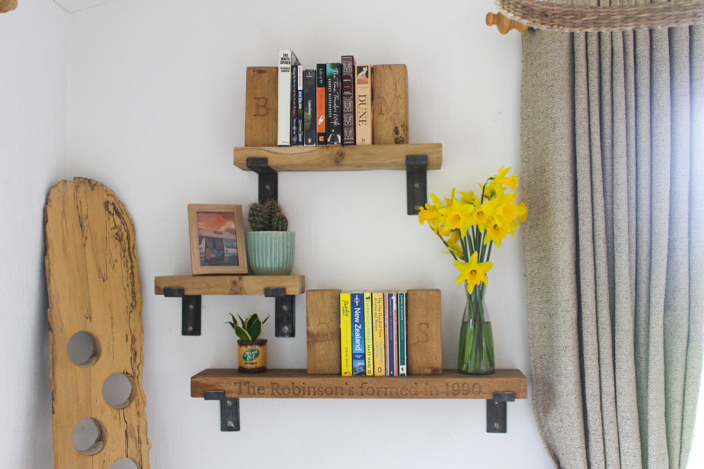 Handmade Solid Oak Shelf with Rustic Bent Iron Brackets