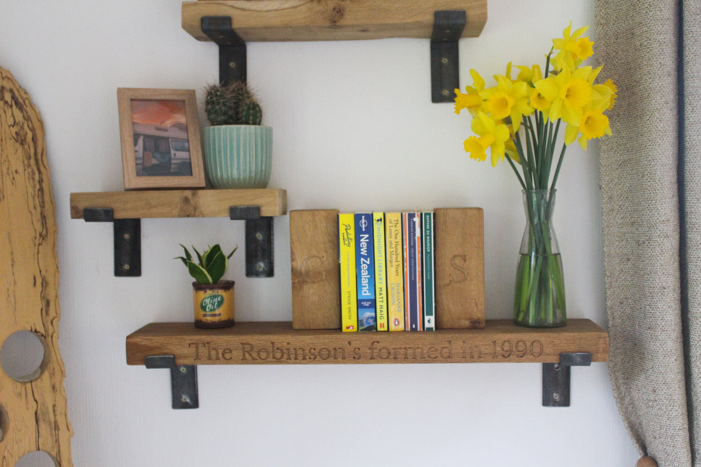 Handmade Solid Oak Shelf with Rustic Bent Iron Brackets