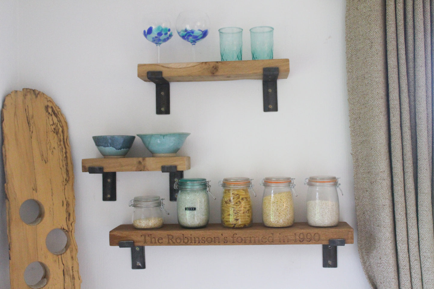 Handmade Solid Oak Shelf with Rustic Bent Iron Brackets