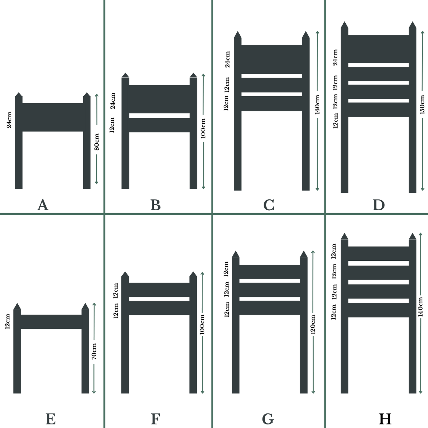 Set of dimensions for different chair designs labeled A to H.