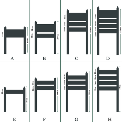 Set of dimensions for different chair designs labeled A to H.