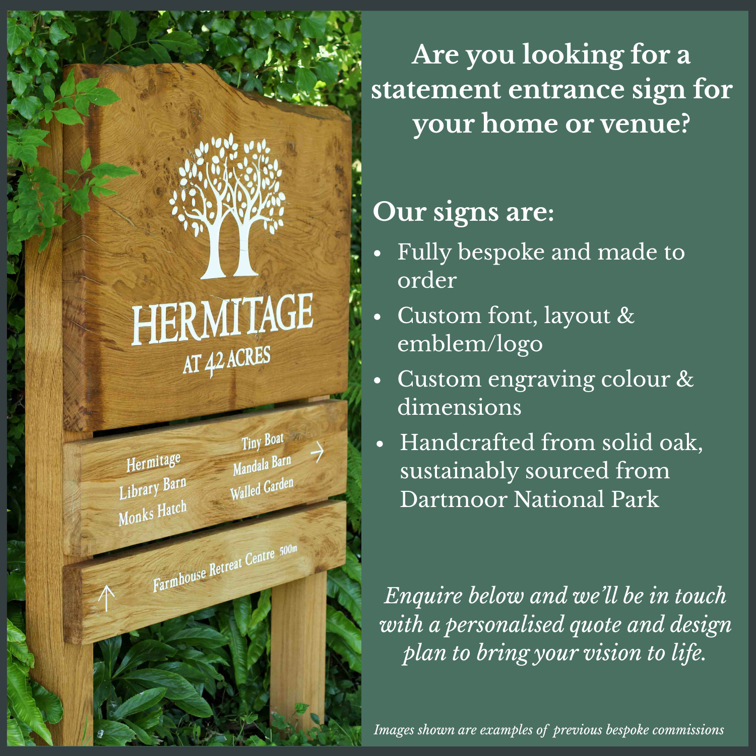 Wooden entrance sign with 'Hermitage' and tree design, surrounded by greenery.