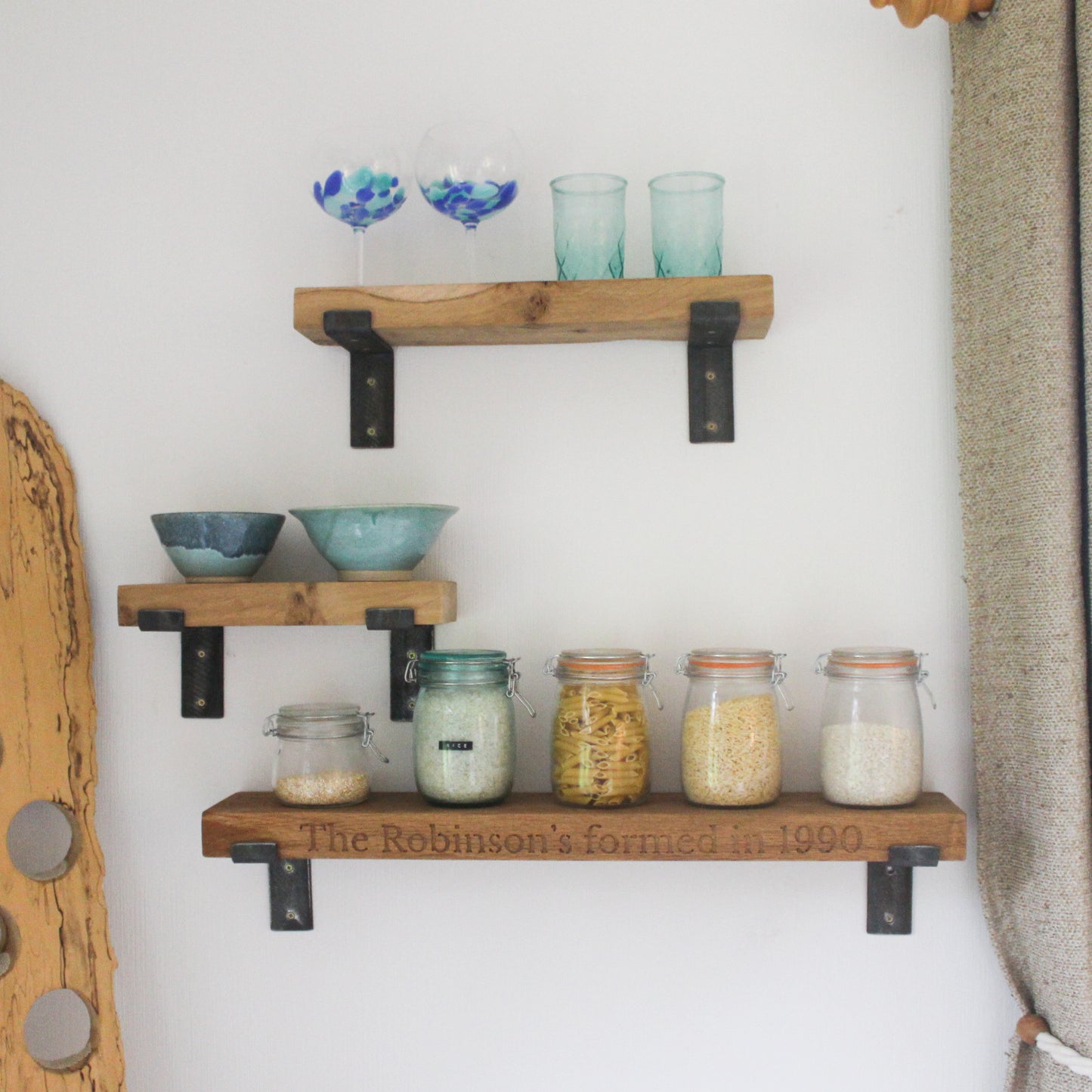 Handmade Solid Oak Shelf with Rustic Bent Iron Brackets