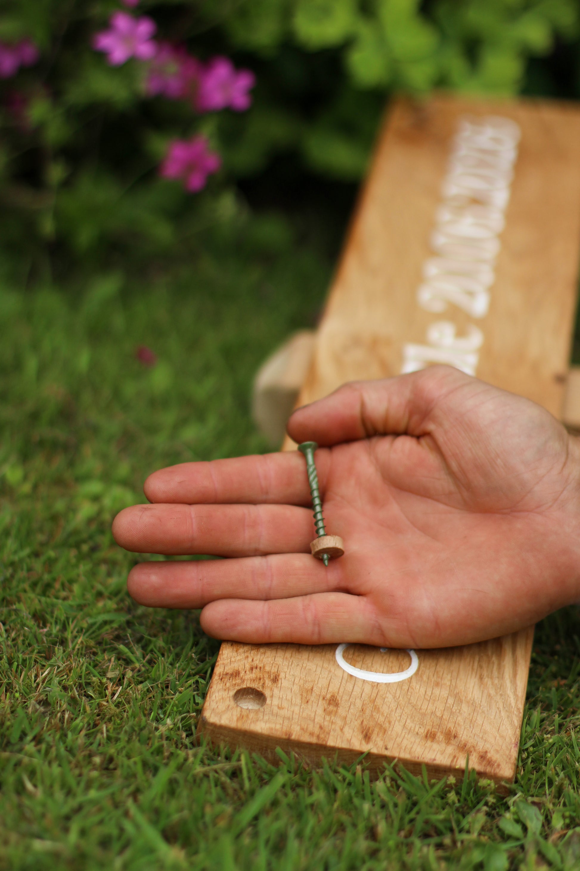 Hand holding a screw over a wooden surface with grass and flowers in the background