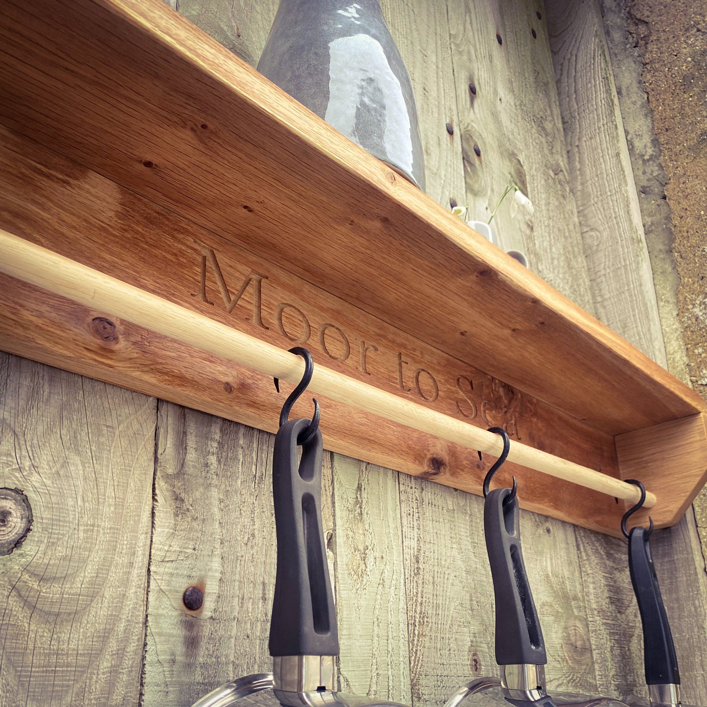 Engraved Farmhouse Kitchen Pan Hanger and Oak Shelf Unit