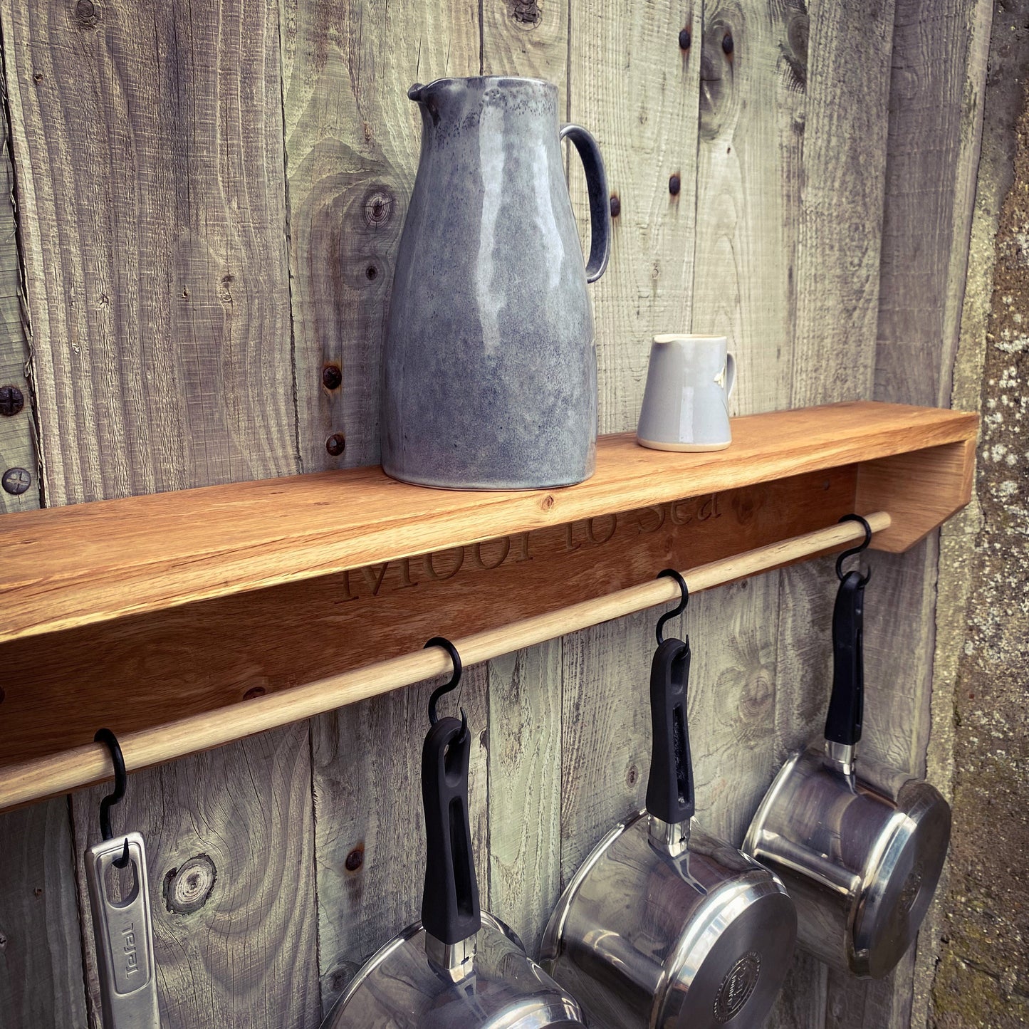 Engraved Farmhouse Kitchen Pan Hanger and Oak Shelf Unit