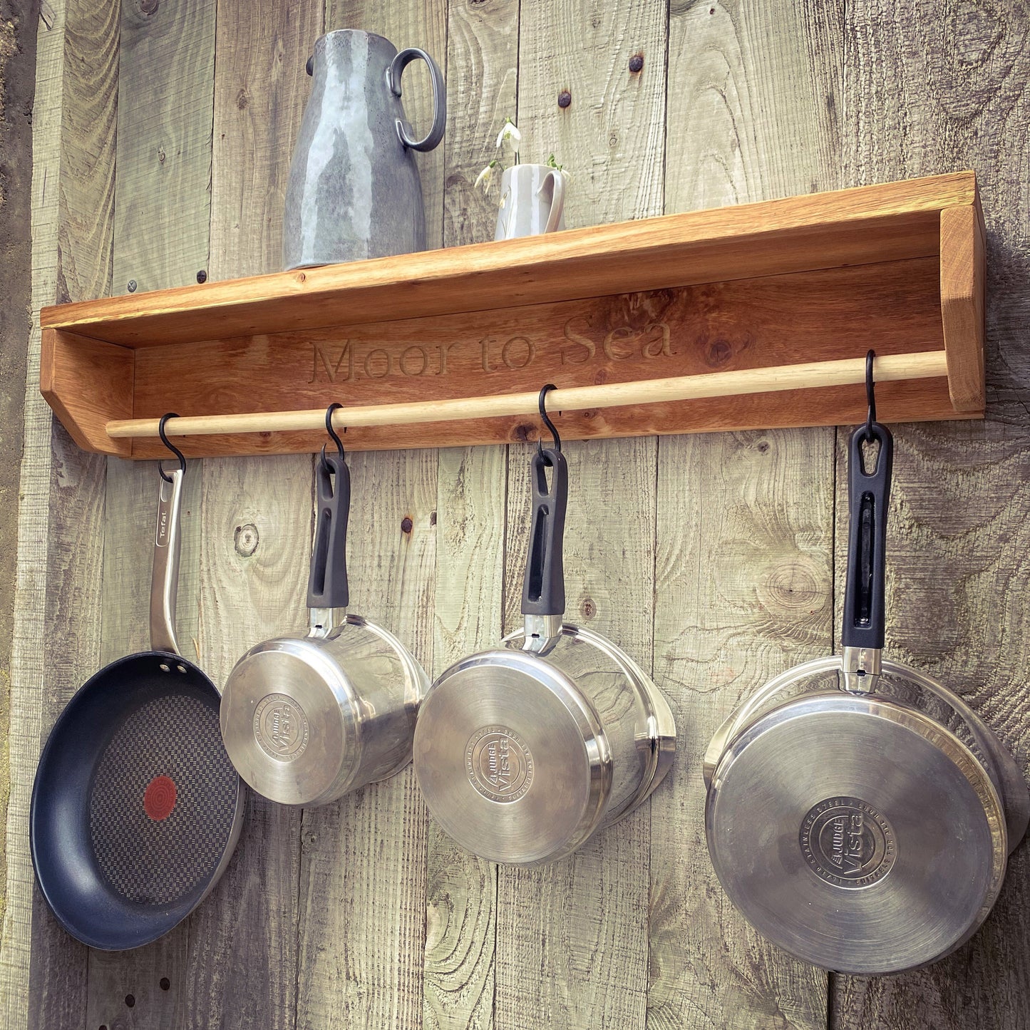 Engraved Farmhouse Kitchen Pan Hanger and Oak Shelf Unit