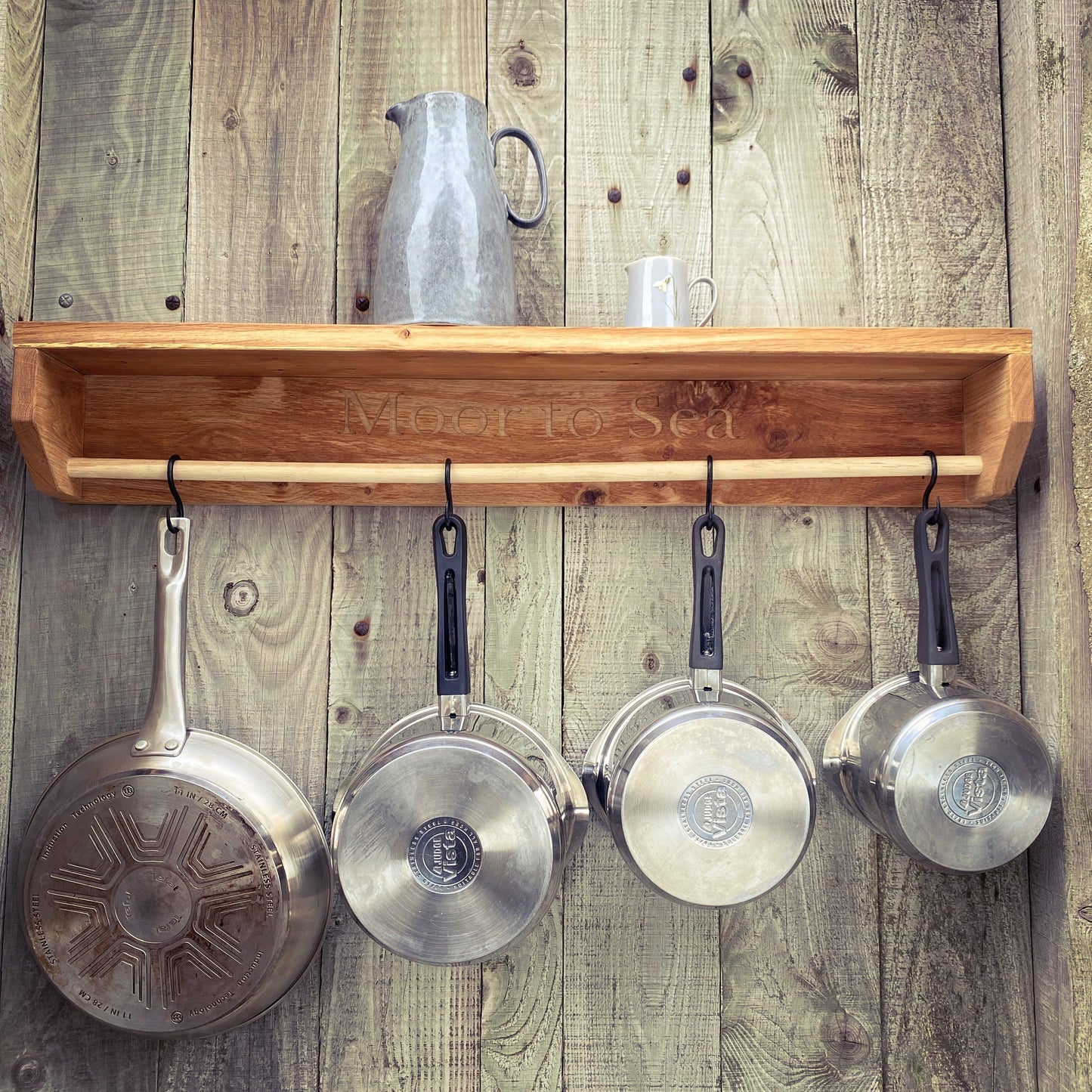 Engraved Farmhouse Kitchen Pan Hanger and Oak Shelf Unit