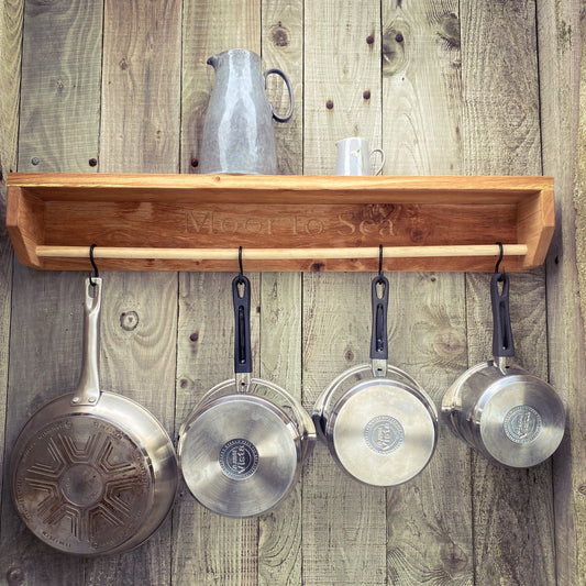 Engraved Farmhouse Kitchen Pan Hanger and Oak Shelf Unit