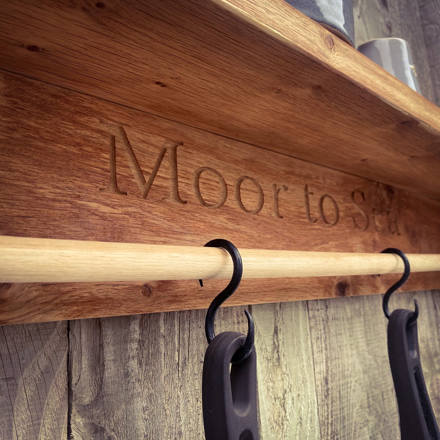 Engraved Farmhouse Kitchen Pan Hanger and Oak Shelf Unit